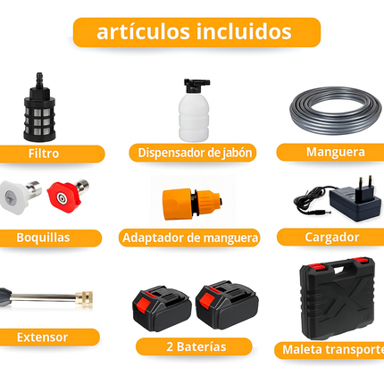 Hidrolavadora Portátil a Batería 18,5V – Alta Presión, Kit Completo para Auto y Hogar